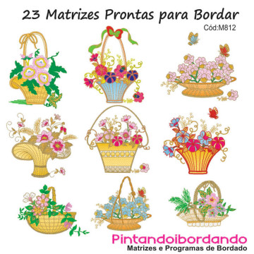  Matrizes De Bordado Cesto de Flores - 23 Matrizes